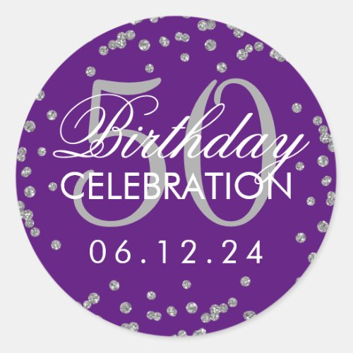 Silver 50th Birthday Glitter Confetti Purple Classic Round Sticker