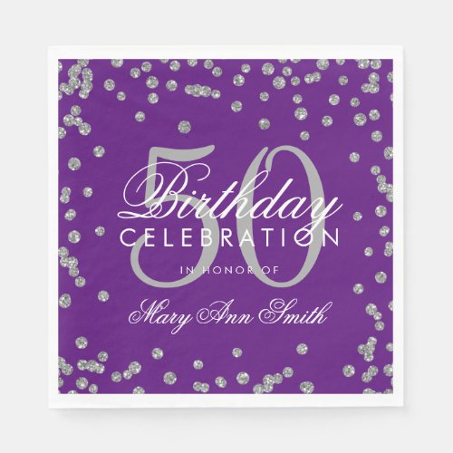 Silver 50th Birthday Glitter Confetti Purple Napkins