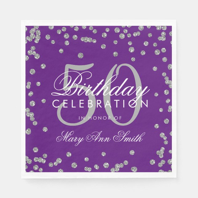Silver 50th Birthday Glitter Confetti Purple Napkins (Front)
