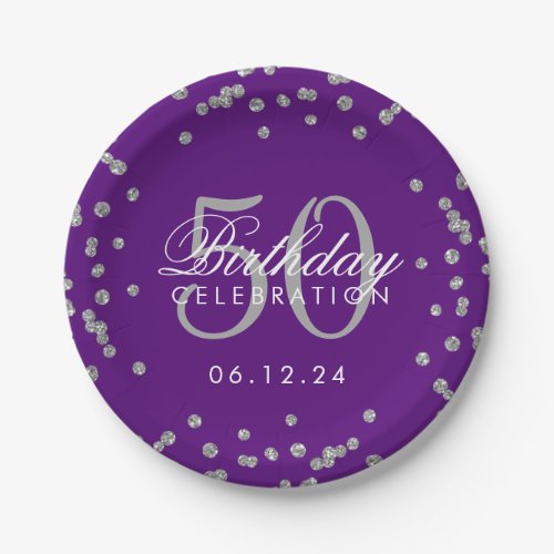 Silver 50th Birthday Glitter Confetti Purple Paper Plates