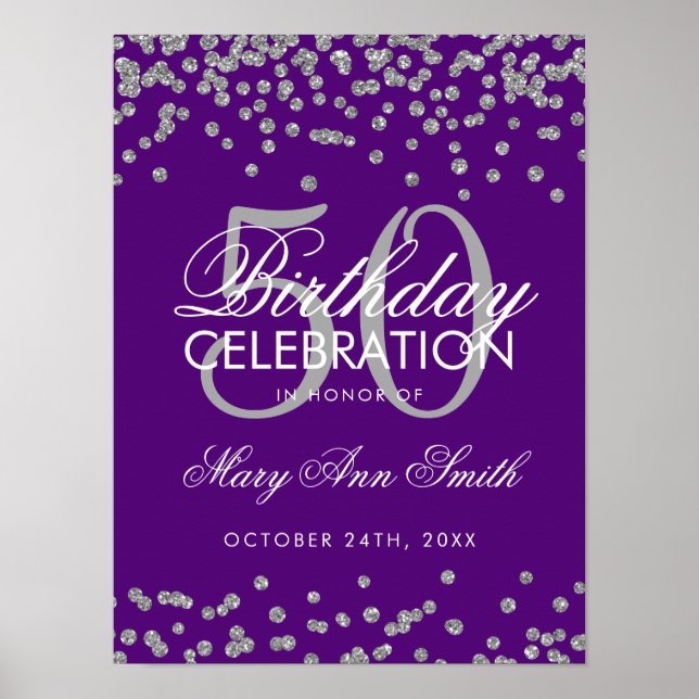 Silver 50th Birthday Glitter Confetti Purple Poster (Front)