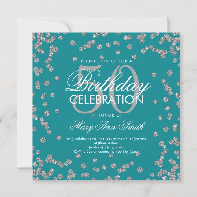 Silver 50th Birthday Glitter Confetti Teal Invitation (Front)