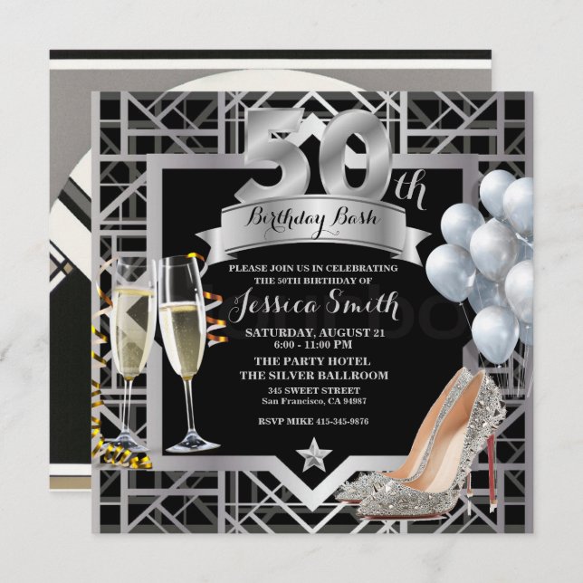 Silver 50th Birthday Party Champaign Glasses  Invitation (Front/Back)