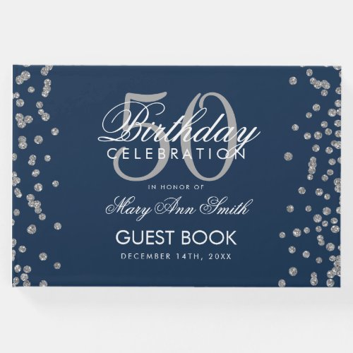 Silver 50th Birthday Party Confetti Navy Blue Guest Book