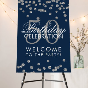 Silver 50th Birthday Party Glitter Confetti Navy Foam Board