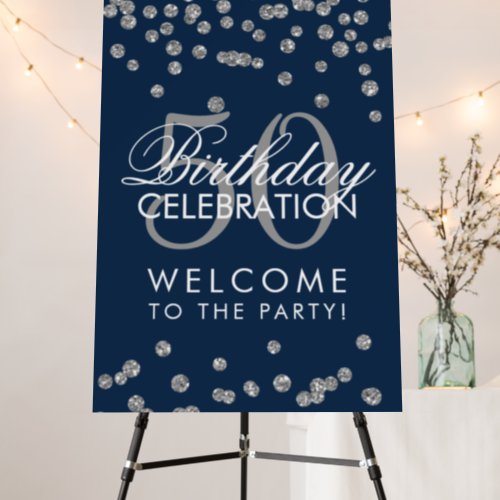 Silver 50th Birthday Party Glitter Confetti Navy  Foam Board