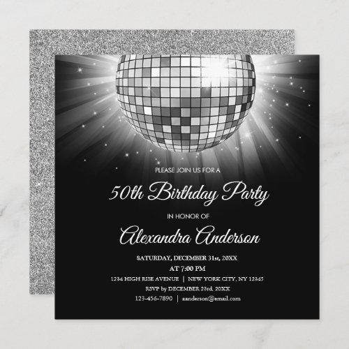 Silver 50th Birthday Party Silver  Disco Ball Invitation