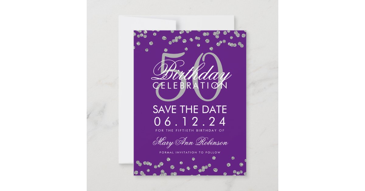 Silver 50th Birthday Save Date Confetti Purple Save The Date | Zazzle.com