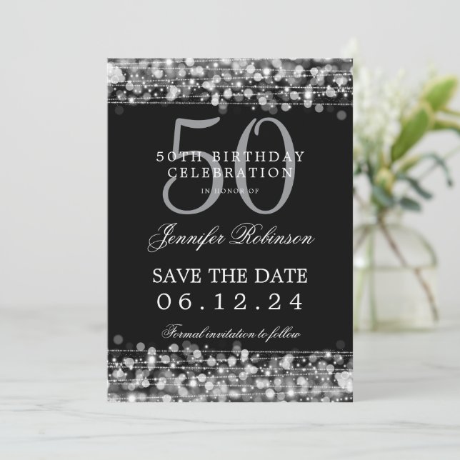 Silver 50th Birthday Save the Date w/ Details Invitation (Standing Front)
