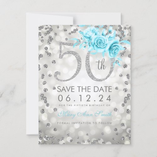 Silver 50th Birthday Teal Floral Glam Lights  Save The Date