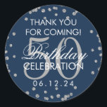 Silver 50th Birthday Thank You Confetti Navy Blue Classic Round Sticker<br><div class="desc">Elegant 50th Birthday "Thank You" Silver Faux Glitter Confetti Navy Blue favor tag template.</div>