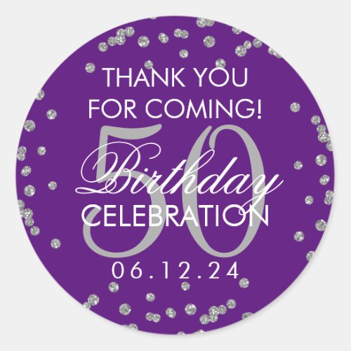 Silver 50th Birthday Thank You Confetti Purple Classic Round Sticker