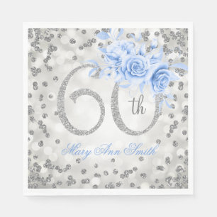 Silver 60th Birthday Blue Floral Glam Lights Napkins