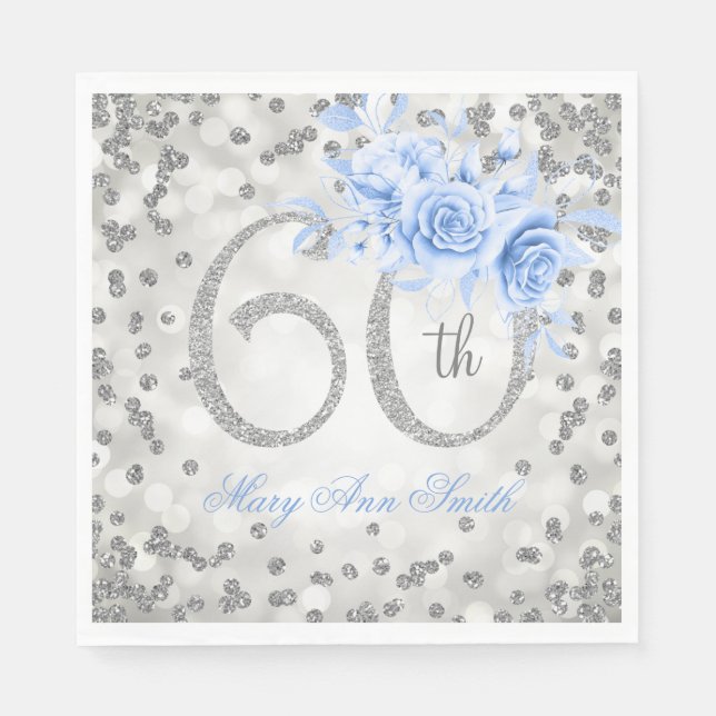 Silver 60th Birthday Blue Floral Glam Lights  Napkins (Front)