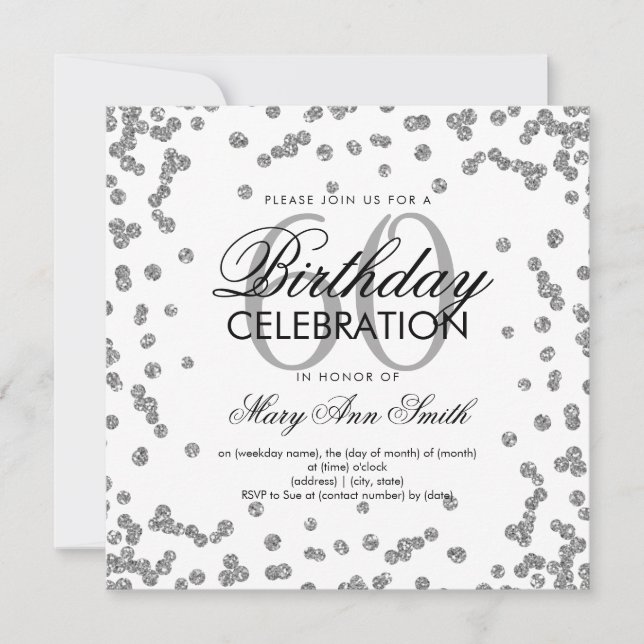 Silver 60th Birthday Elegant Glitter Confetti Invitation (Front)