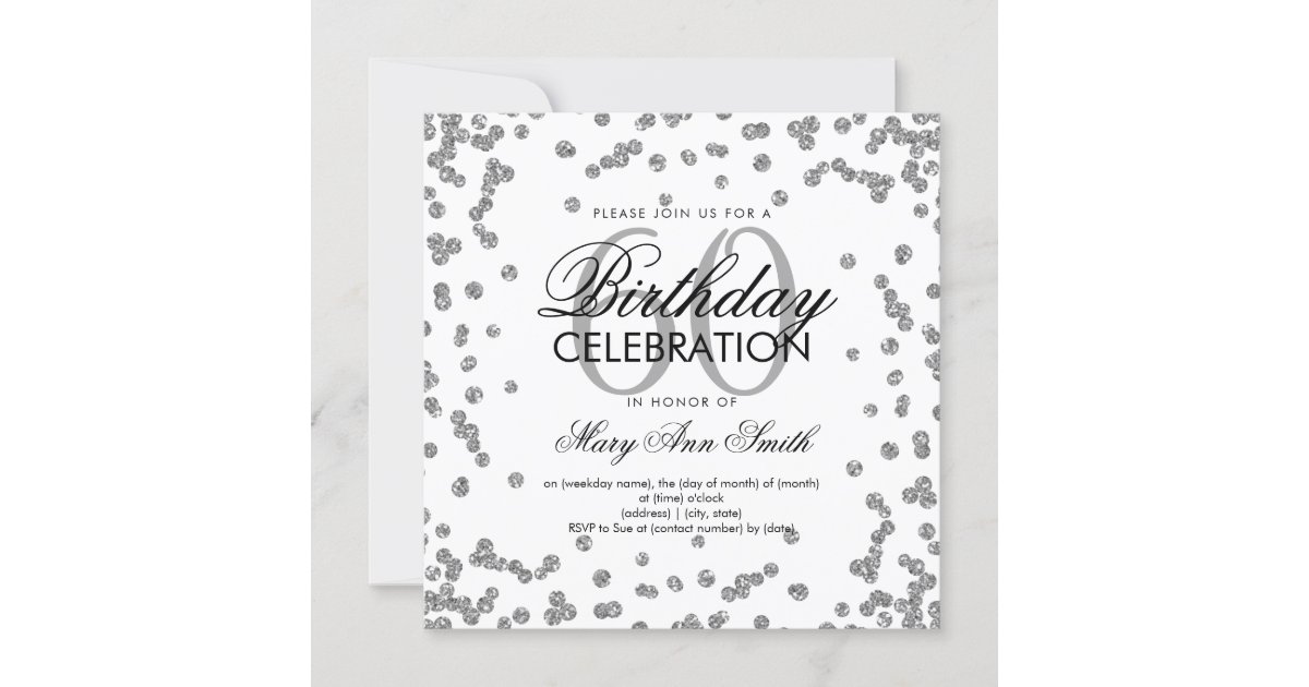 Silver 60th Birthday Elegant Glitter Confetti Invitation | Zazzle