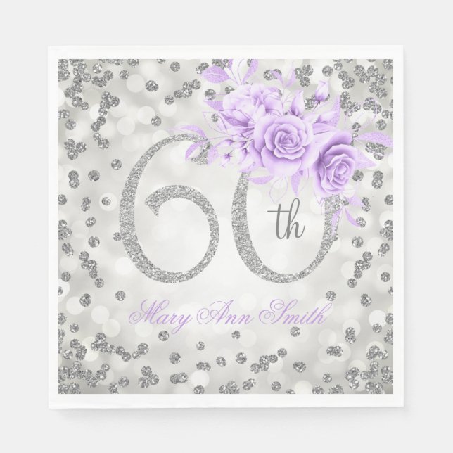 Silver 60th Birthday Floral Glam Lights Purple  Napkins (Front)