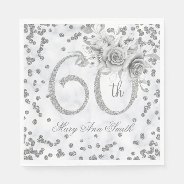 Silver 60th Birthday Floral Glam Marble  Napkins (Front)