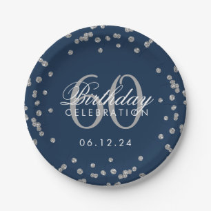 Silver 60th Birthday Glitter Confetti Navy Blue Paper Plates