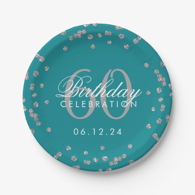 Silver 60th Birthday Glitter Confetti Teal Paper Plates (Front)