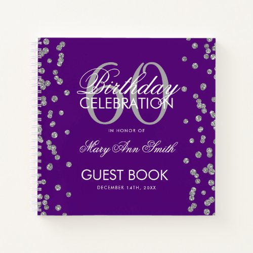 Silver 60th Birthday Guestbook Confetti Purple Notebook