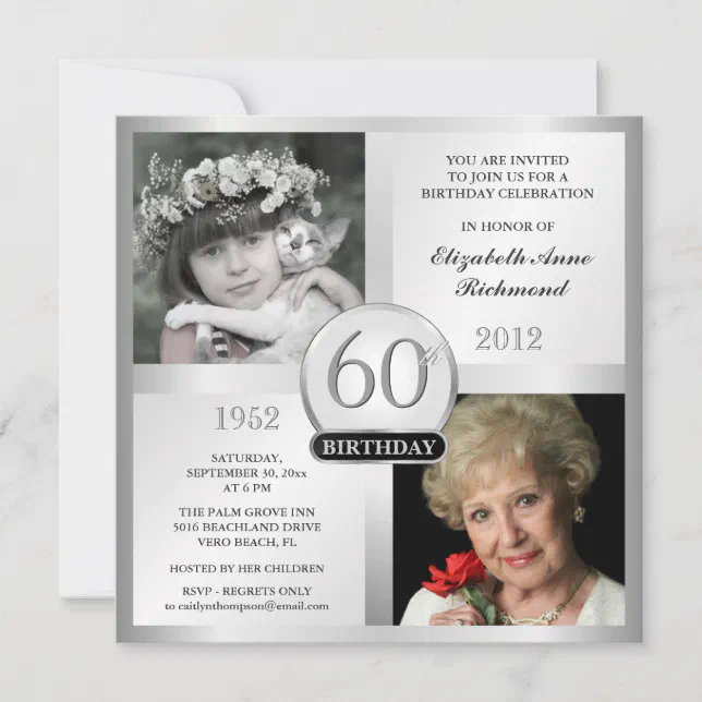 Silver 60th Birthday Invitations Then & Now Photos | Zazzle