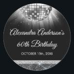Silver 60th Birthday Party 70's Disco Ball Classic Round Sticker<br><div class="desc">Elevate your 60th birthday celebration with our Silver 60th Birthday Party 70's Disco Ball Sticker, designed to add a touch of sophistication and retro flair to your milestone bash. In a shimmering shade of silver, this sticker exudes elegance and nostalgia. The disco ball graphic transports you back to the disco...</div>