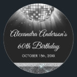 Silver 60th Birthday Party 70's Disco Ball Classic Round Sticker<br><div class="desc">Elevate your 60th birthday celebration with our Silver 60th Birthday Party 70's Disco Ball Sticker, designed to add a touch of sophistication and retro flair to your milestone bash. In a shimmering shade of silver, this sticker exudes elegance and nostalgia. The disco ball graphic transports you back to the disco...</div>