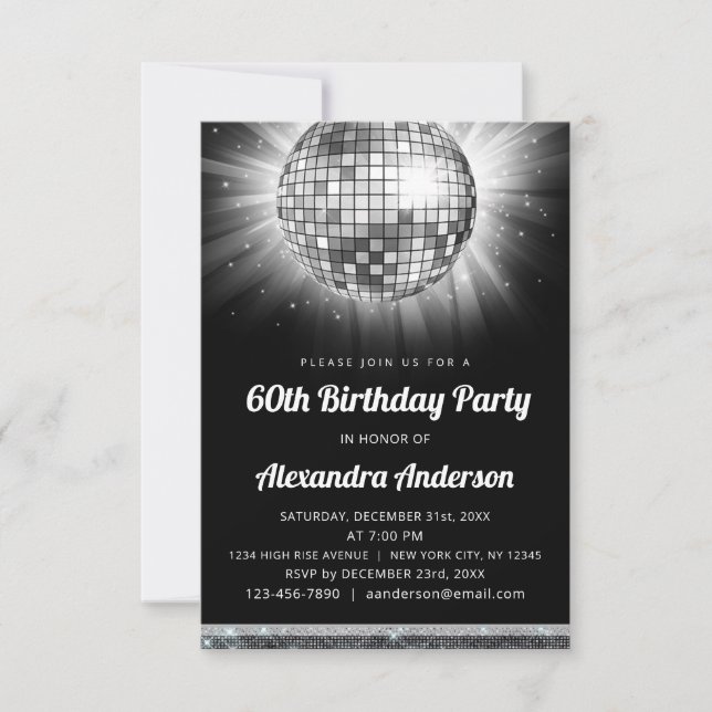 Silver 60th Birthday Party 70's Disco Ball Invitation (Front)