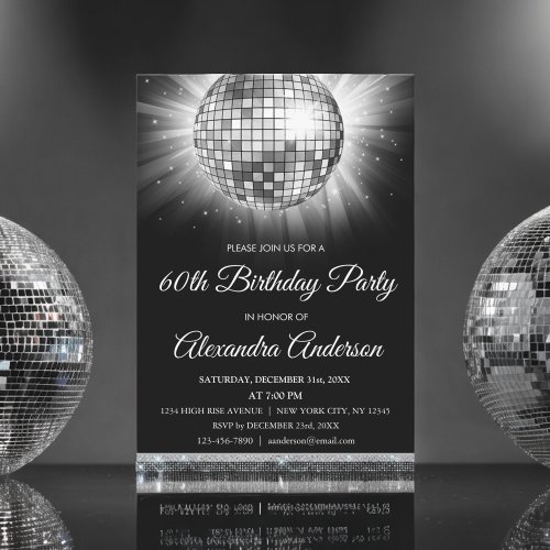 Silver 60th Birthday Party 70s Disco Ball Invitation