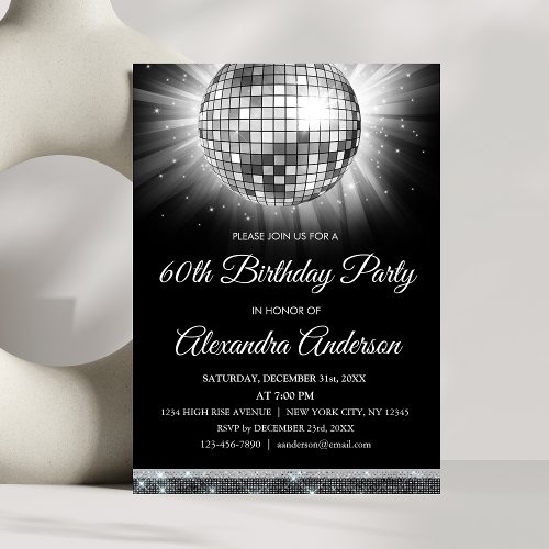Silver 60th Birthday Party 70s Disco Ball Invitation