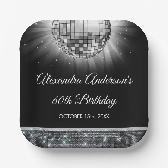 Silver 60th Birthday Party 70's Disco Ball Paper Plates (Front)