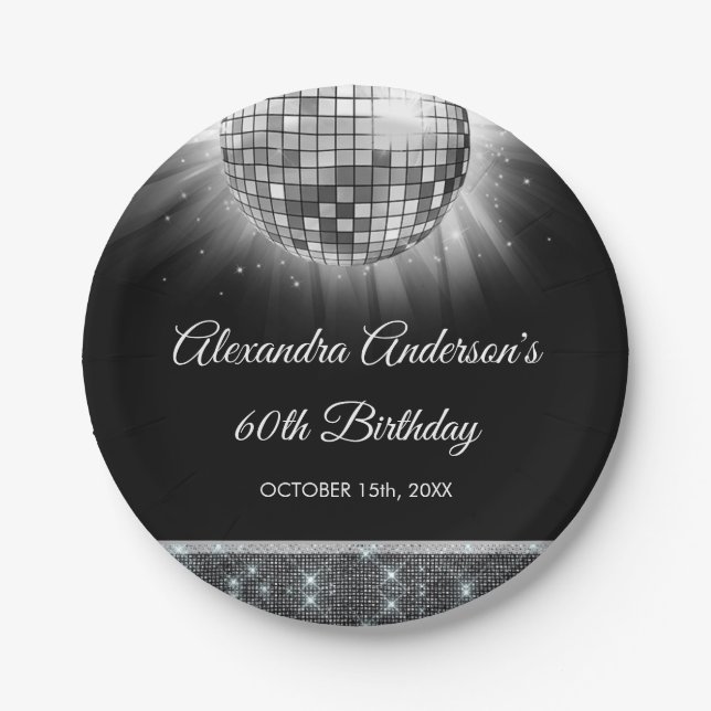 Silver 60th Birthday Party 70's Disco Ball Paper Plates (Front)