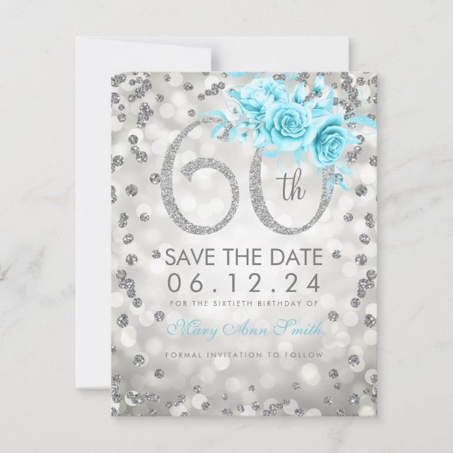 Silver 60th Birthday Teal Lights Save The Date (Front)