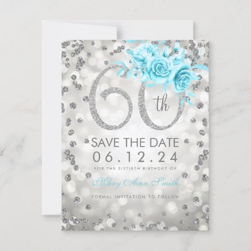 Silver 60th Birthday Teal Lights Save The Date