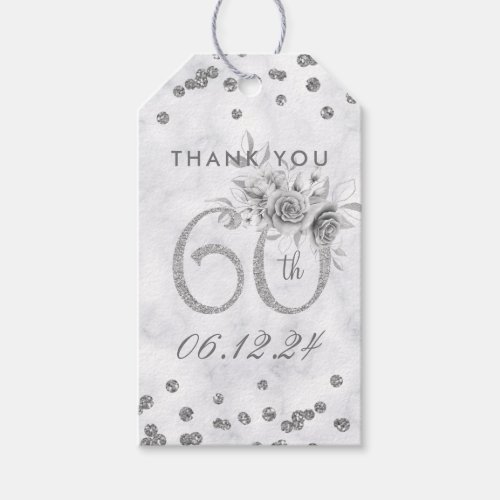 Silver 60th Birthday Thank You Glam Marble  Gift Tags