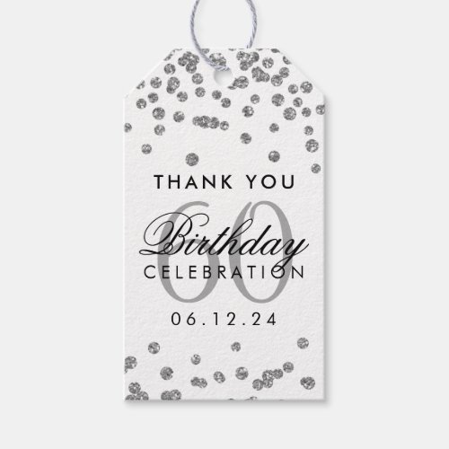 Silver 60th Birthday Thank You Glitter Confetti Gift Tags