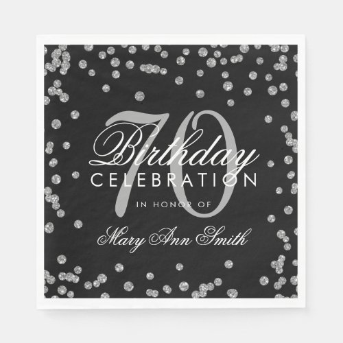 Silver 70th Birthday Glitter Confetti Black Napkins