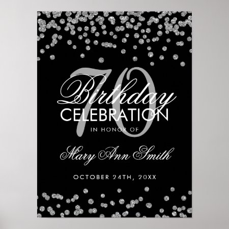 Silver 70th Birthday Glitter Confetti Black Poster