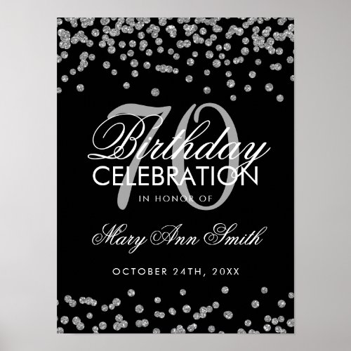 Silver 70th Birthday Glitter Confetti Black Poster