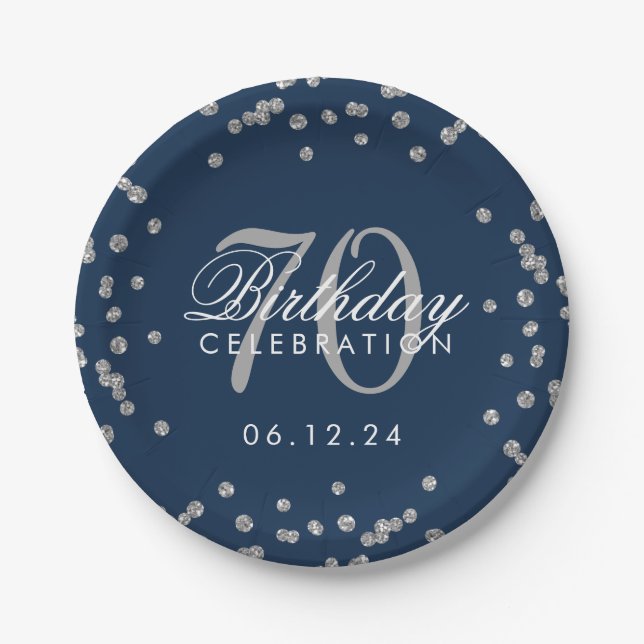 Silver 70th Birthday Glitter Confetti Navy Blue Paper Plates (Front)