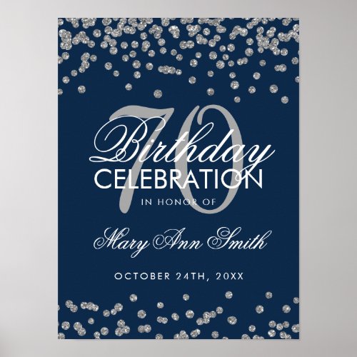 Silver 70th Birthday Glitter Confetti Navy Blue Poster