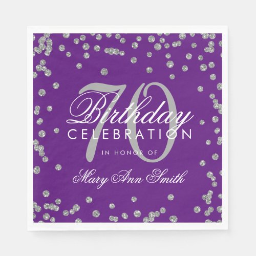 Silver 70th Birthday Glitter Confetti Purple Napkins