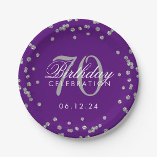 Silver 70th Birthday Glitter Confetti Purple Paper Plates