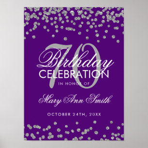 Silver 70th Birthday Glitter Confetti Purple Poster