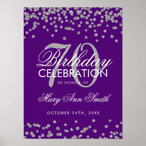 Silver 70th Birthday Glitter Confetti Purple Poster