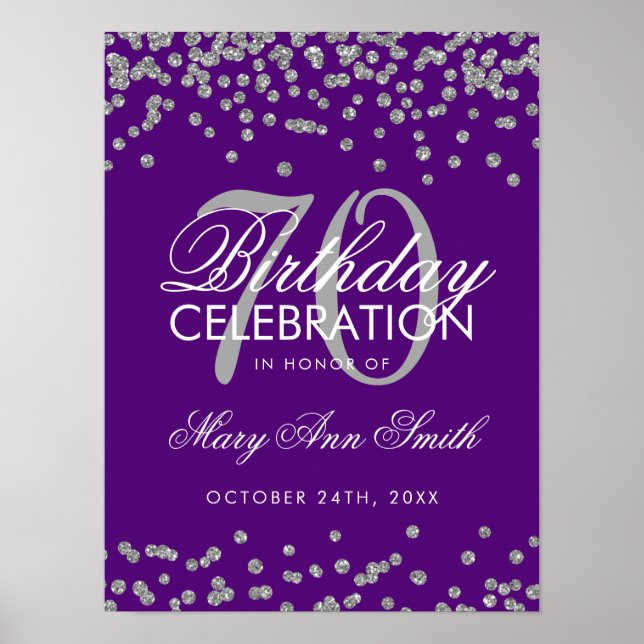 Silver 70th Birthday Glitter Confetti Purple Poster (Front)