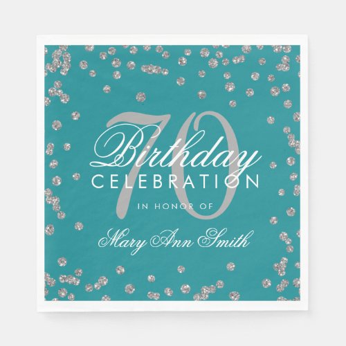 Silver 70th Birthday Glitter Confetti Teal Napkins