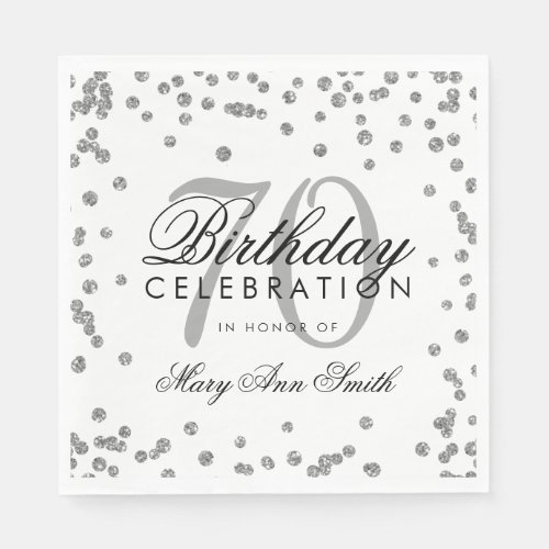 Silver 70th Birthday Glitter Confetti White Napkins