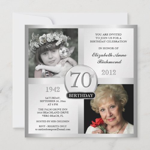 Silver 70th Birthday Invitations Then &amp; Now Photos